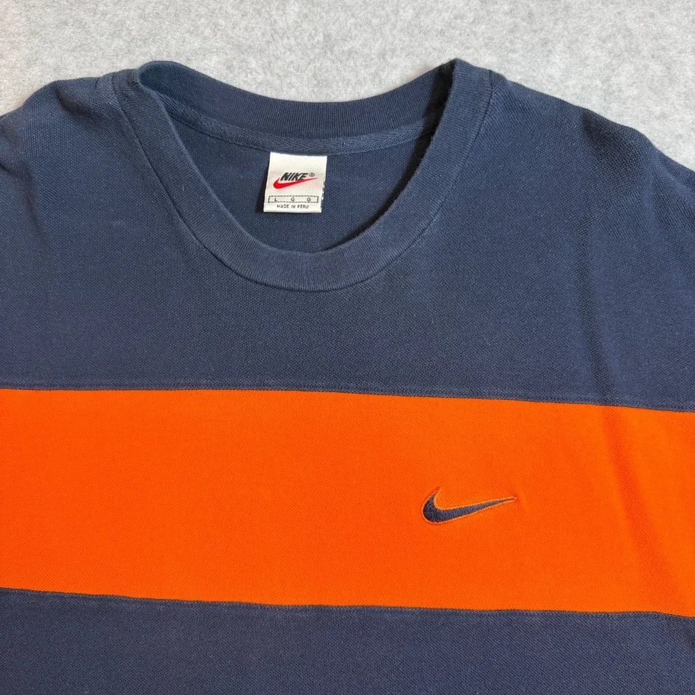 Vintage 90s Nike Mens L Navy Orange Colorblock Heavyweight Knit Shirt Swoosh